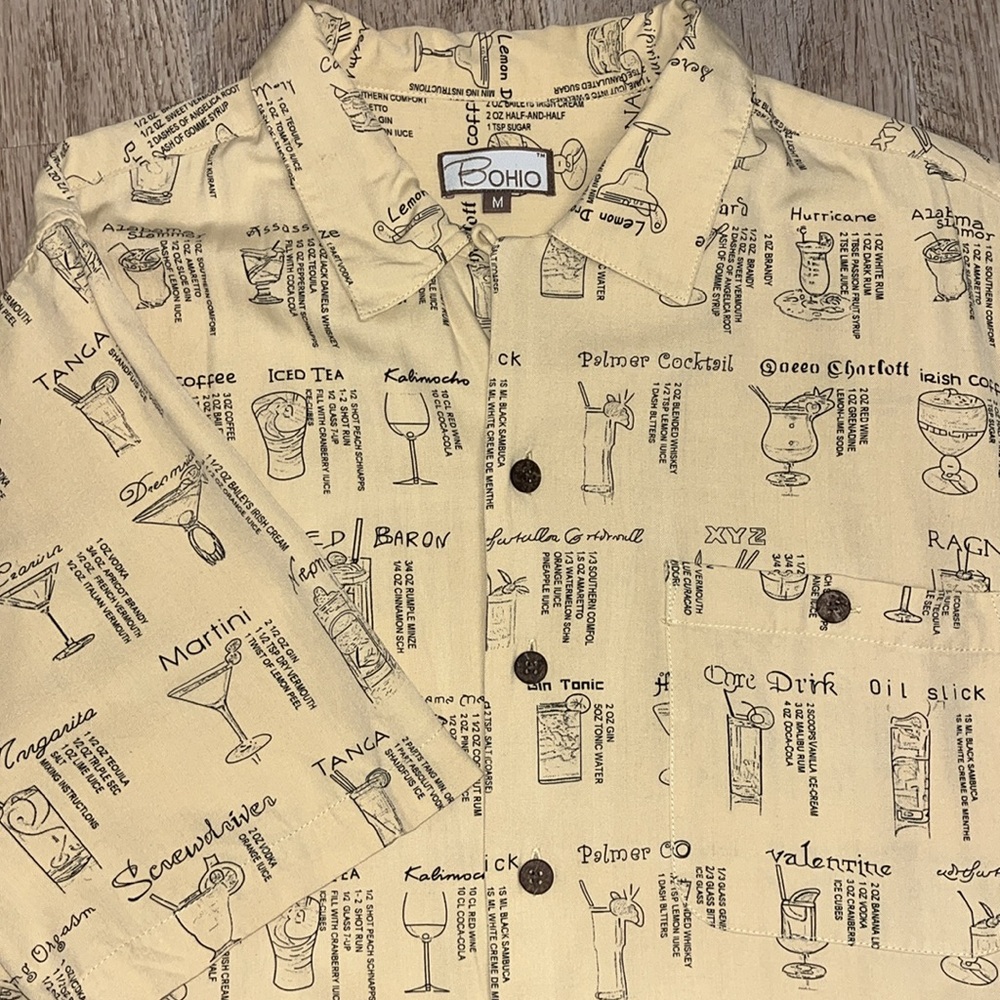 BOHIO Mens Cocktail‎ Print Silk Short Sleeve Button Up Shirt Size Medium